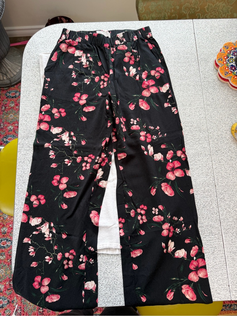 Black Floral Wide-Leg Pants - Pink Flower Print NWOT